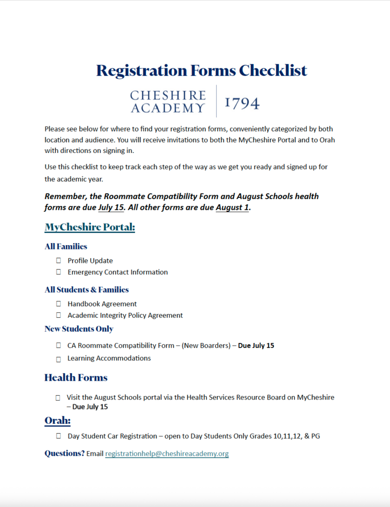 Registration Forms Checklist 2026-27 Cheshire Academy